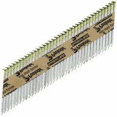 Collated framing nails with a 3-inch length, 3-inch shank diameter, diamond point, offset round head, and smooth shank. Galvanized finish provides corrosion resistance. Suitable for heavy-duty wood construction applications such as framing, sheathing, and decking. Supplied in a 2,000-count pack.
