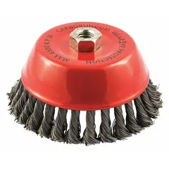 This cup brush is designed for heavy cleaning and surface preparation on contoured carbon steel surfaces. The standard twist knot wire bristles aggressively remove rust, scale, and weld splatter. It has a 6-inch diameter, 0.02-inch fill diameter, and a 5/8"-11 arbor hole connection.