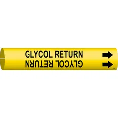 Yellow snap-on pipe marker with black legend reading 'Glycol Return' and directional arrows. Fits pipe outer diameters from 1-1/2 to 2-3/8 inches. Used to identify glycol return lines in piping systems for clear labeling and safety compliance.