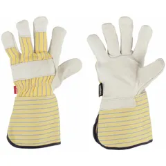 Premium work glove made from cowhide leather with a wing thumb design and gauntlet cuff. Suitable for hand protection in industrial environments such as material handling, machining, and general maintenance. Supplied as a single pair.
