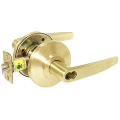 This office lever lockset is constructed of brass with a satin brass, clear coated zinc finish (F109). It features a 7KC Curved No Return Lever, is ADA compliant, and includes an interchangeable core for easy rekeying. Suitable for interior doors in commercial settings where accessibility and security are required.
