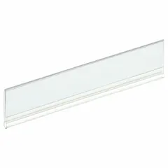 Clear plastic hanging label holders with pocket-style attachment, sold in packs of 25. Designed for use on bins, shelves, and racks to hold paper labels for identification in storage and inventory management.