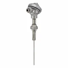 Type K thermocouple with pipe connection for direct installation into process lines or vessels. Probe length 22.72 inches. Accuracy ±2.2°C. Suitable for continuous temperature measurement in industrial processes.