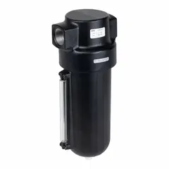 Coalescing filter for compressed air systems with 2 in NPT connection. Removes oil aerosols, water droplets, and particulates down to 0.01 micron at flow rates up to 1400 cfm. Maximum operating pressure 250 psi. Suitable for applications requiring high-purity air such as pneumatic controls and instrumentation.
