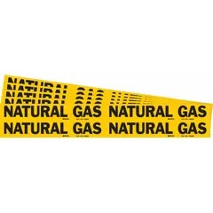 Yellow adhesive pipe markers with black legend reading 'Natural Gas'. Each pack contains 4 markers without arrows, fitting pipe outer diameters from 3/4 to 2-3/8 inches. Used to identify natural gas lines in piping systems.