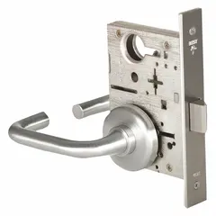 This passage lever lockset (ANSI F01) is designed for doors requiring free passage without locking, such as interior hallways or closets. It features a satin chromium-plated stainless steel finish, a 40H escutcheon style, and an interchangeable core. ADA compliant lever operation facilitates use by individuals with disabilities.