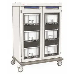 Polymer cart with one shelf, zero drawers, and four swivel casters in taupe. Used in healthcare facilities to organize and transport medical supplies.