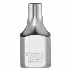 This Torx bit socket features a T27 tip size and a fixed insert design. With a 1/4 in drive and 51/64 in overall length, it is used for driving Torx fasteners in assembly, maintenance, and repair tasks.