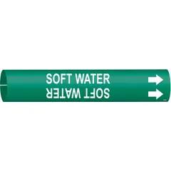 Snap-on pipe marker for identifying soft water lines. Green background with white legend and directional arrows. Fits pipe outer diameters from 1-1/2 to 2-3/8 inches. Suitable for industrial piping systems requiring clear pipe identification.