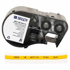 Polyolefin, yellow matte sleeve label roll cartridge for wire and cable identification. Measures 1 in x 1/4 in, for 16 AWG to 20 AWG wire gauge. Compatible with BMP41 printer series.