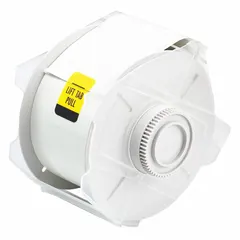 This continuous label roll is made of green gloss polyester with glow-in-the-dark properties, suitable for indoor and outdoor use. It is designed for thermal transfer printing and compatible with GlobalMark printers. Typical applications include safety signage and identification in low-light environments.