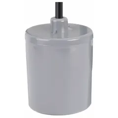 This general-purpose tether float switch is designed for pump-down applications in sump, sewage, and effluent systems. It operates as a normally open switch at 120V AC and 13 A, with a piggyback plug for electrical connection. The PVC housing requires a pipe clamp for mounting.