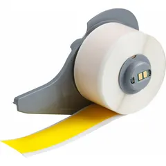 Continuous wraparound label roll for industrial identification and marking. Made of yellow matte polyimide, 1 inch wide by 50 feet long. Requires M7-R4300 ribbon and is compatible with BMP71 printer series. Used for wire, cable, and component labeling in manufacturing and maintenance environments.