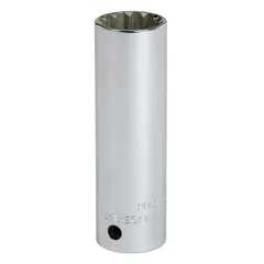 This 1/2" drive hand socket has a 13/16" spline size and deep profile for accessing recessed fasteners. Made of chrome, it is not tether capable. Suitable for turning fasteners in industrial maintenance, assembly, and repair applications.