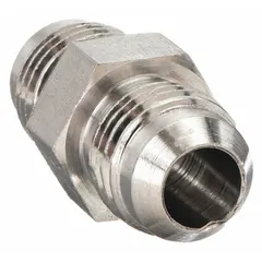 This adapter is a JIC-to-JIC 316 stainless steel hydraulic hose adapter configured as a flare x flare tube union with a 7/16 in -20 thread size. It is used to connect hydraulic lines in industrial systems requiring corrosion resistance and secure flare connections.