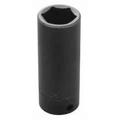 SAE 3/4 in, 6-point deep thin wall impact socket with 3/8 in drive and 2 1/4 in overall length. Black oxide finish. For use with impact wrenches in automotive and industrial fastening applications requiring high torque and clearance.