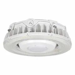 LED linear luminaire for parking garages, canopies, covered walkways, and loading bays. Delivers 7500 lm at 3000K with a Type V distribution pattern for uniform area illumination. Operates on 120 to 277V AC with a 55W fixture wattage. White finish.