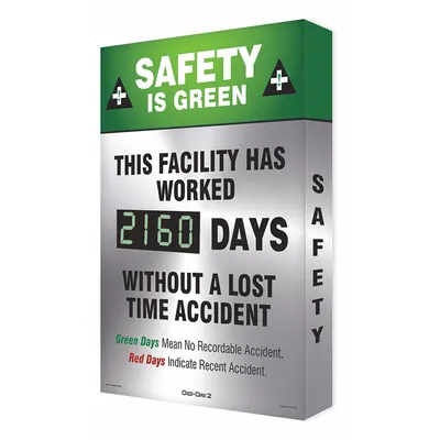 DIGI-DAY2 Electronic Scoreboard: Aluminum, Mounting Holes Sign Mounting - Safety is Green - This Facility Has Worked ___ Days Without A Lost Time Accident - Green Days Mean No Recordable Accident - Red Days Indicate Recent Accident Safety Scoreboards