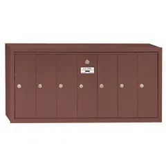 Vertical surface-mounting mailbox with 7 lockable front-access doors. Measures 19 in H x 40 3/4 in W x 7 1/2 in D. Suitable for secure mail distribution in multi-tenant facilities such as apartment buildings, offices, or condominiums.