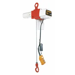 General purpose electric hoist for light-duty lifting and positioning. Operates on 120V AC with two speeds. Hook mounted without trolley, includes safety latch hook. Headroom clearance 28 to 30 inches.