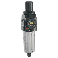 This ARO Series 2000 Piggyback unit combines a 5-micron filter and a regulator in a single body for space-saving installation in compressed air systems. With a 3/4 in NPT port size and 142 scfm flow capacity, it removes particulates and maintains consistent downstream pressure up to 140 psig. Suitable for general industrial pneumatic applications requiring clean, regulated air.