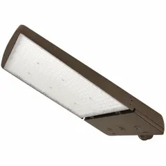This LED parking lot light fixture features an arm mount and a bronze housing. It delivers 28,856 lumens at 200 watts with selectable color temperatures of 3000K, 4000K, or 5000K. The fixture operates on 120 to 277V AC and is suited for outdoor area lighting such as parking lots and roadways.