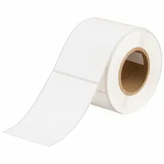 White matte-finish precut label roll with 6 3/32 in label height, 4 1/8 in label width, and 6 3/32 in roll length. Compatible with J4000 printer series. Used for industrial labeling in cryogenic environments, such as marking pipes, containers, and equipment that must withstand extreme cold.