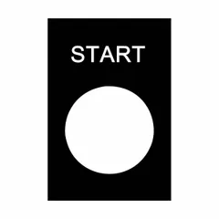 Rectangular non-metallic legend plate for 22 mm panel-mounted push-buttons. Black body with white 'Start' legend in English. Overall height 1 3/16 in, overall width 1 5/8 in. Used to label operator controls in industrial control panels and machinery.