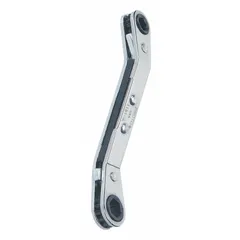 This PROTO double-end ratcheting box end wrench features 6-point offset reversing heads sized 3/8 in and 7/16 in, with a 5-1/2 in overall length. The offset design allows access to fasteners in confined spaces, while the reversing mechanism enables direction change without removing the wrench. Suitable for tightening or loosening fasteners in maintenance and repair tasks.