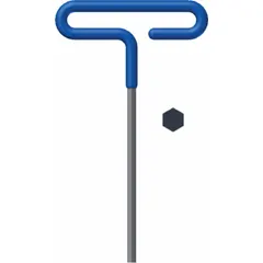 T-shaped hex key with 8 mm metric tip, long length, alloy steel construction, and black finish. Ball-end design allows off-axis entry for driving socket-head cap screws in confined or angled spaces. Suitable for maintenance, assembly, and repair tasks.