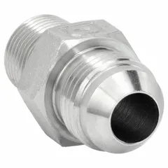 Steel hydraulic hose adapter with male JIC (37° flare) and male BSPT (tapered) threads. Rigid straight configuration for connecting JIC and BSPT ports in hydraulic systems. Fitting size 1/2 in x 1/4 in.