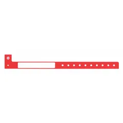 Red plastic security wristband with no legend, measuring 10 inches long and 1 1/4 inches wide. Supplied in a pack of 500. Commonly used for access control, event security, and patient identification.