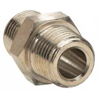 This chrome-plated threaded pipe fitting connects two 1/8 in pipes in a straight line. Rated for a maximum operating pressure of 1,200 psi, it is suited for hydraulic or pneumatic systems in industrial machinery and fluid power circuits. Length: 1 1/16 in