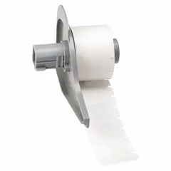 Thermal transfer precut label roll made of autoclavable polyester with a gloss finish. Label width is 1 in, label height is 3/8 in, roll length is 3/8 in. Compatible with BMP71 printer series. Suitable for applications requiring labels that withstand repeated sterilization cycles.