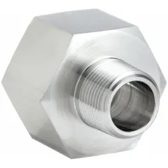 This high pressure precision pipe fitting connects male and female NPT threaded pipes in straight configurations. Rated for 2400 psi, it is used in hydraulic, pneumatic, and process control systems requiring leak-free connections.
