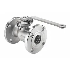 Straight, one-piece ball valve with Class 150 flanged ends. Constructed of 316 stainless steel with a locking lever handle. Used for on/off flow control in industrial piping systems handling liquids, gases, or steam.