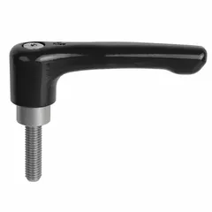 This straight teardrop-style adjustable handle features a zinc body with a steel threaded stud. It is designed for clamping, positioning, and adjusting machinery or fixtures in industrial settings. The handle has an 80 mm length, 3/8"-16 thread size, and 30 mm thread length.