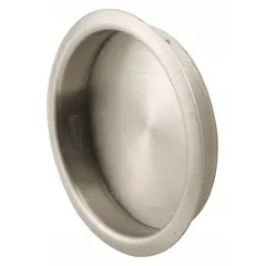 This round recessed tray pull is made of steel with a satin nickel finish. It features snap-in mounting for flush installation in tray applications such as industrial cabinetry, workstations, and equipment panels. Supplied as a single piece.