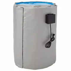 Blanket-style heater for 55-gallon drums and buckets, rated 770 W at 115V AC. Operates from 0°F to 160°F and carries an IP40 rating for indoor use. Commonly used to maintain or raise the temperature of viscous fluids, chemicals, or adhesives to ensure proper flow and consistency.