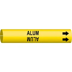 Yellow pipe marker with black legend reading 'Alum' for identifying pipes carrying aluminum sulfate. Fits pipe outer diameters from 1-1/2 to 2-3/8 inches. Includes directional arrows. Snap-on aluminum design for quick installation. Suitable for industrial piping systems requiring clear identification of contents and flow direction.