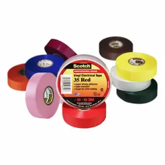 This 8-pack of 3M Series 35 electrical tape provides general-purpose insulation and bundling for electrical wires and cables. Each roll is 1/2 inch wide by 6 5/8 yards long, with 7-mil-thick polyvinyl chloride film and a rubber adhesive. Suitable for light-duty wiring applications in maintenance and repair.