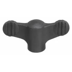 Wing knob with threaded hole for manual clamping, positioning, and adjustment on industrial machinery, jigs, and fixtures. Plastic body with stainless steel thread insert. 75 mm diameter, 5/16-18 thread, 14 mm thread length.