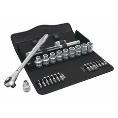 This 28-piece metric socket set features a 1/2 in drive and 6-point sockets ranging from 10 mm to 19 mm. It includes two extensions and a friction drive tool for efficient fastening. Designed for tightening and loosening metric fasteners in industrial maintenance, assembly, and repair applications.