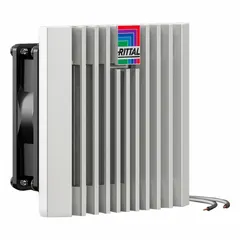 Standard square axial fan with plastic housing, rated IP54. Operates on 115V AC, with terminals for connection. Measures 4 1/2 inches in height and 2 9/16 inches in depth. Used for ventilation of enclosures and control cabinets to dissipate heat from electronic equipment.
