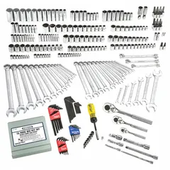 This 302-piece socket set includes 1/4 in, 3/8 in, and 1/2 in drives with both SAE and Metric sizes from 4 mm to 24 mm. Features 12-point and 6-point socket configurations, plus 25 combination wrenches. Suitable for fastening and loosening nuts, bolts, and screws in automotive repair, industrial maintenance, and general mechanical work.