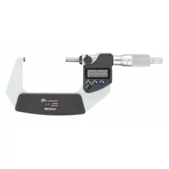 This IP65-rated digital outside micrometer measures 2 in to 3 in / 0 mm to 25.4 mm with 0.00005 in / 0.001 mm resolution and ±0.00005 in accuracy. Inch/metric conversion and SPC output support data collection in harsh environments. Includes Certificate of Inspection.