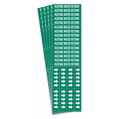 Green adhesive pipe marker with white legend text reading 'Heating Water Return' and directional arrows. Designed for pipes with outer diameter of 3/4 inch and smaller. Suitable for identifying heating water return lines in facility piping systems. Supplied in a pack of 5.