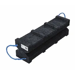 This rectangular plastic cribbing block supports vertical loads up to 60 tons. With a 24-inch overall length, black body, and blue handle, it is used for load support and stabilization in industrial applications such as machinery placement, structural shoring, and vehicle lifting.