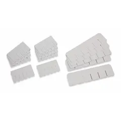 White plastic drawer divider kit for medical carts. Includes five long dividers, each 17 in deep and 1/2 in wide. Used to organize cart drawers by creating separate compartments for supplies, instruments, or medications.