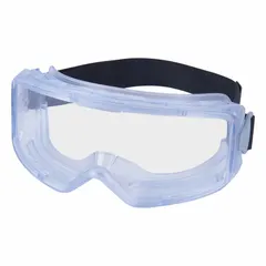 Clear lens safety goggles with anti-fog and scratch-resistant coating. Dielectric construction and indirect venting. Neoprene band. Suitable for industrial eye protection in environments requiring impact resistance and optical clarity.